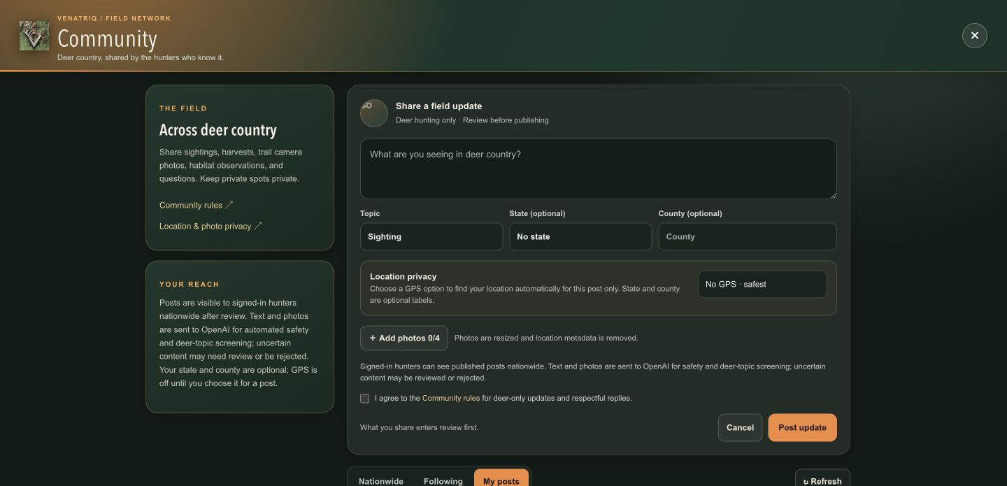 VENATRIQ Community field update form with GPS sharing off