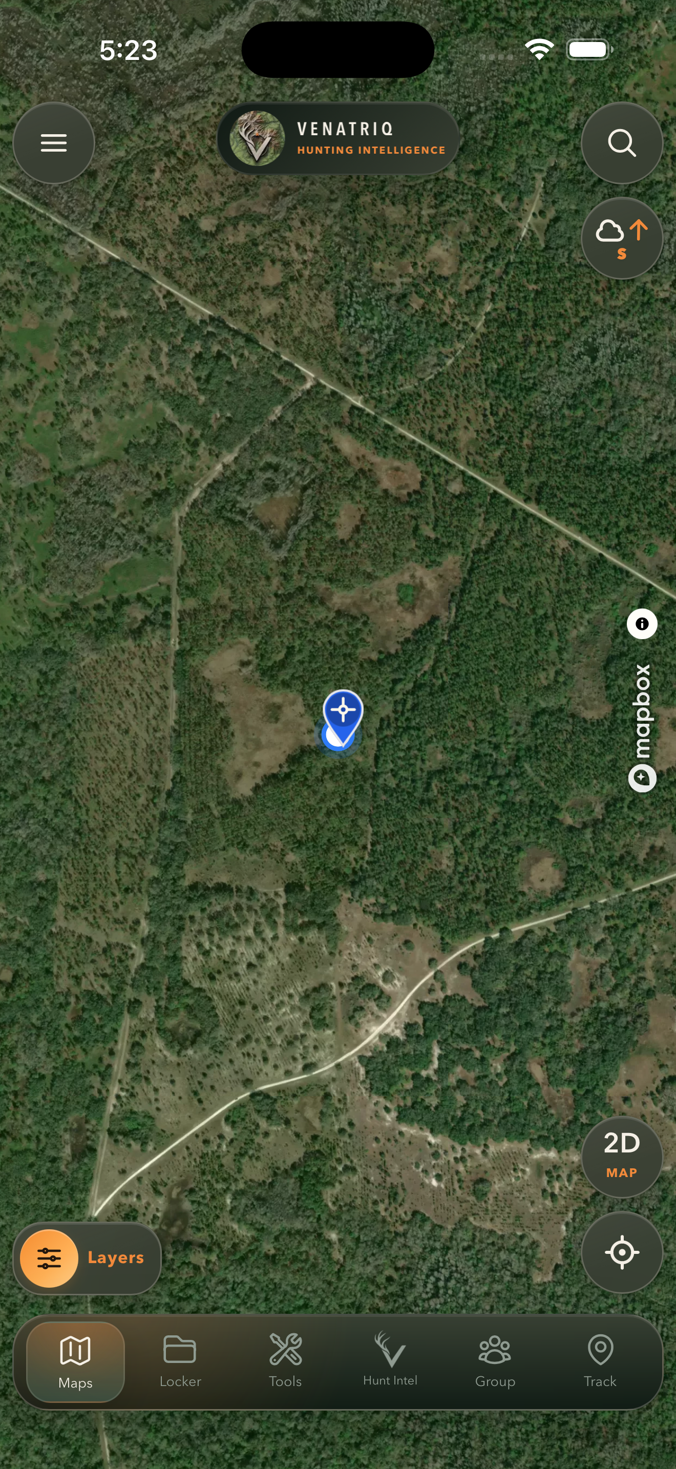 VENATRIQ app satellite map with navigation and layer controls