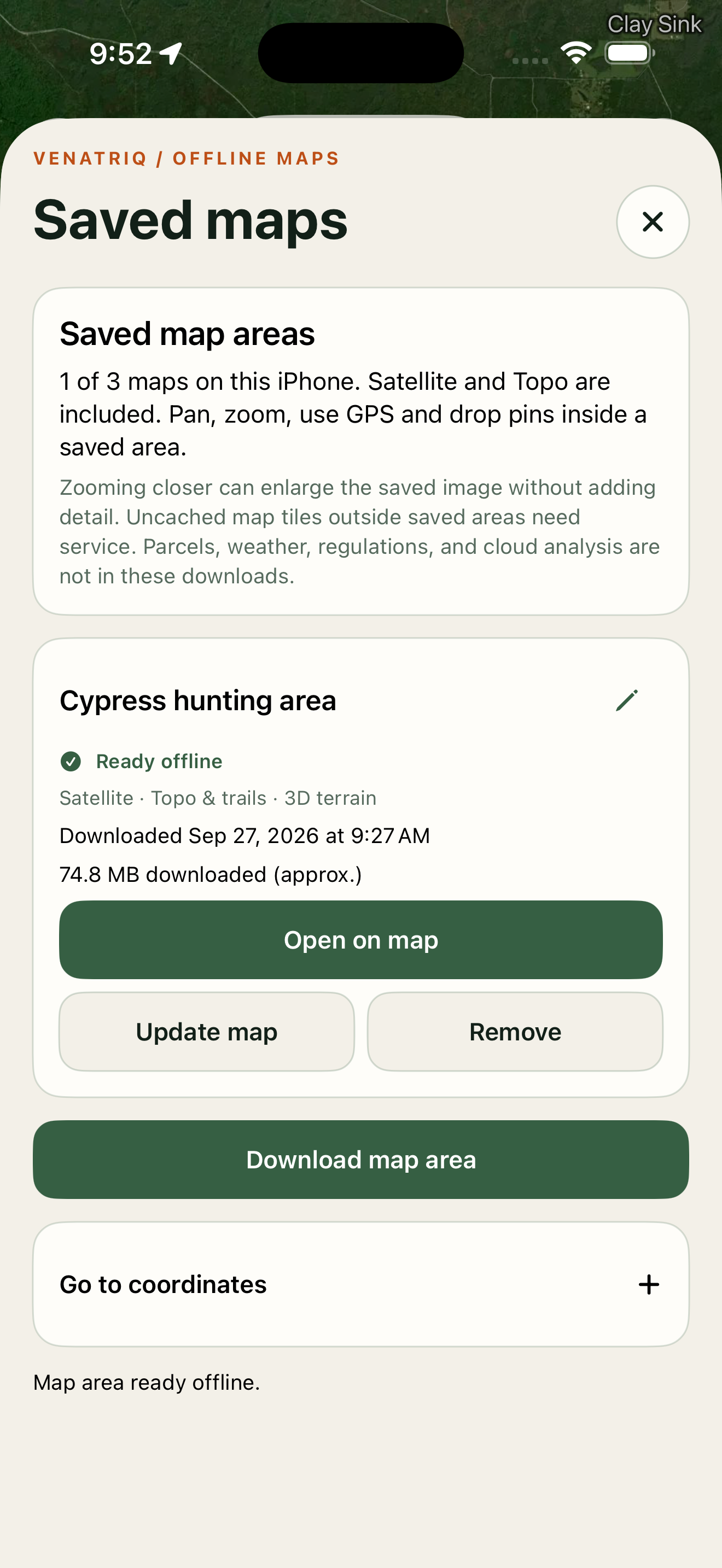 VENATRIQ iPhone Saved maps panel showing an offline-ready area