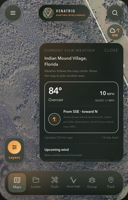 VENATRIQ map weather panel showing conditions and wind direction