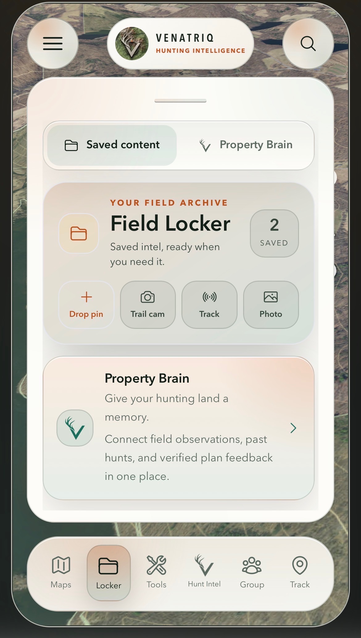 VENATRIQ Field Locker and Property Brain, connecting saved content and hunting land memory
