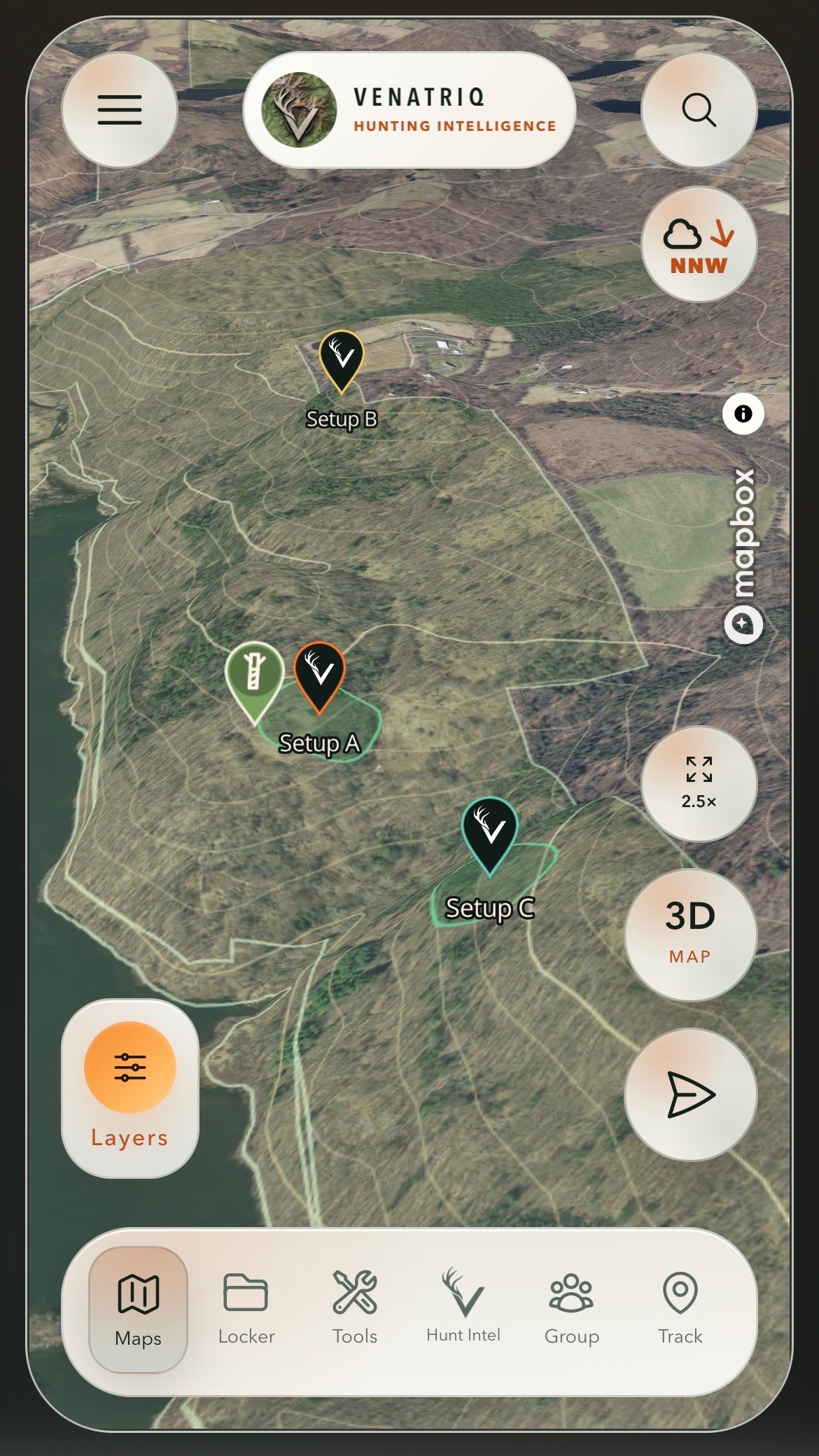 VENATRIQ 3D terrain with geographic hunt setups and mapped habitat
